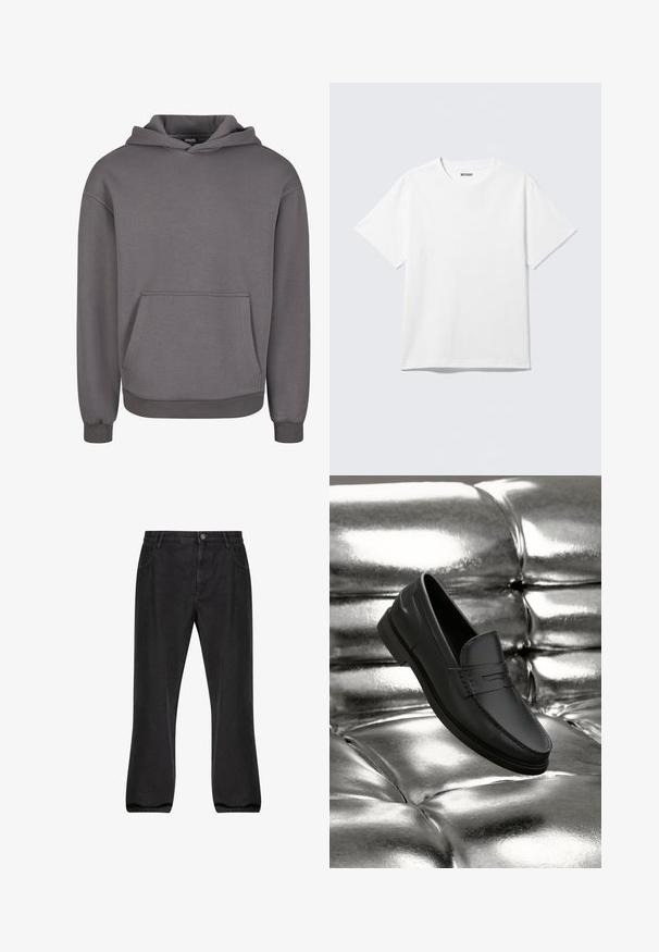 Sweat à capuche gris en tissu doux, doté d'une poche kangourou, de poignets côtelés et d'une coupe décontractée. Texture lisse, design simple.; T-shirt blanc à manches courtes et col rond, étalé à plat, design uni, avec l'étiquette "WEEKDAY" à l'intérieur du col sur un fond clair.; Jean en denim noir avec une coupe droite, style à cinq poches, fermeture à bouton et une légère texture délavée.; Mocassins en cuir noir à texture lisse, avec des détails de couture et un design classique, présentés sur un fond métallique et brillant.