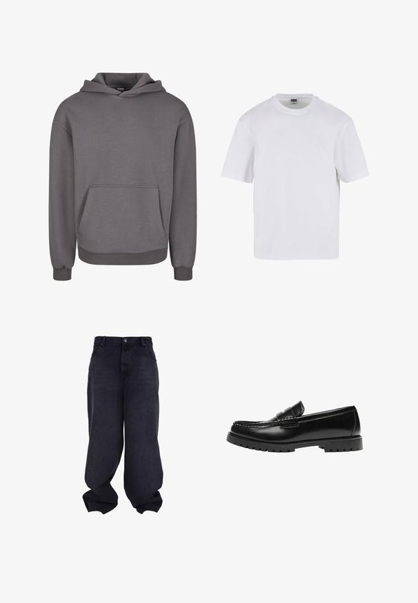 Grauer Kapuzenpullover aus weichem Stoff, mit Kängurutasche, gerippten Bündchen und lockerem Schnitt. Glatte Textur, schlichtes Design.; Weißes T-Shirt mit kurzen Ärmeln aus Baumwolle. Besitzt einen Rundhalsausschnitt und eine lockere Passform. Glatte Textur, minimalistisches Design, ohne Muster oder Akzente.; Schwarze übergroße Baggy-Jeans mit Knopf- und Reißverschluss vorne, Vordertaschen und lockeren, weiten Beinen.; Schwarzer Leder-Slipper mit dicker Gummisohle und klassischem Penny-Detail an der Riemen, von der Außenseite gezeigt.