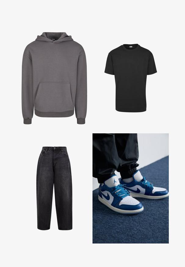 Sweat à capuche gris en tissu doux, doté d'une poche kangourou, de poignets côtelés et d'une coupe décontractée. Texture lisse, design simple.; T-shirt noir à manches courtes avec col rond, coupe régulière et étiquette Urban Classics à l'intérieur du col.; Jean en denim noir à taille haute, avec une fermeture à bouton, des poches avant et une texture légèrement délavée pour un look décontracté.; Les baskets Nike Air Jordan présentent une base en cuir blanc avec des accents en synthétique bleu, une boîte à orteils perforée et des lacets bleus.