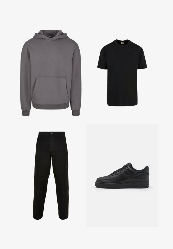 Grauer Kapuzenpullover aus weichem Stoff, mit Kängurutasche, gerippten Bündchen und lockerem Schnitt. Glatte Textur, schlichtes Design.; Urban Classics SHORTSLEEVE - T-Shirt basic - black; Schwarze Baumwollhose mit geradem Bein, ausgestattet mit einem vorderen Knopfverschluss und seitlichen Taschen. Glatte Textur, ohne auffällige Muster.; Nike Sportswear AIR FORCE 1 07 FLYEASE - Sneaker low - black