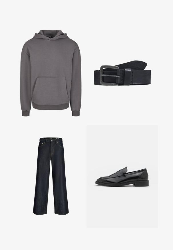 Grauer Kapuzenpullover aus weichem Stoff, mit Kängurutasche, gerippten Bündchen und lockerem Schnitt. Glatte Textur, schlichtes Design.; Dunkelblaue Jeans mit weitem Bein, Vorderknöpfen, Taschen und sichtbarer oranger Naht auf weißem Hintergrund.; Schwarze Lederloafers mit glatter Oberfläche, runder Spitze und schmalem Riemen über dem Obermaterial. Niedriger, gestapelter Absatz.; Schwarzer Ledergurt mit einer matten silbernen rechteckigen Schnalle, die eine glatte Textur und ein verjüngtes Ende aufweist. Enthält Löcher zur Größenanpassung.