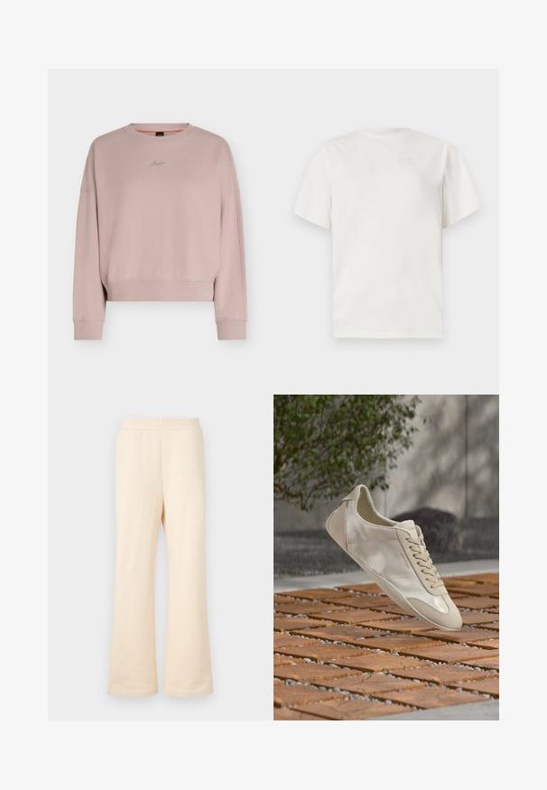 Sweat-shirt rose clair à manches longues avec col rond, poignets et ourlet côtelés, avec une petite broderie "Boss" sur la poitrine.; T-shirt en coton blanc avec un col rond, des manches courtes et un logo en relief subtil sur la poitrine. Texture lisse et coupe décontractée.; Pantalons de survêtement beige à jambes larges en coton doux, avec une taille élastique et un logo brodé subtil sur le côté gauche à l'avant.; Baskets beige Calvin Klein flottant au-dessus d'une surface extérieure en bois et galets à motifs avec de la verdure et un mur en béton en arrière-plan.