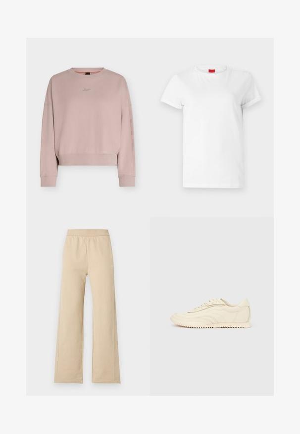 Sweat-shirt rose clair à manches longues avec col rond, poignets et ourlet côtelés, avec une petite broderie "Boss" sur la poitrine.; T-shirt blanc à manches courtes en coton léger. Présente un col rond et des manches retroussées. Étiquette logo rouge sur le col.; Pantalon beige à jambes larges avec taille élastique et détails de couture minimalistes, présenté sur un fond clair uni.; Baskets basses de couleur crème avec des coutures ondulées, une fermeture à lacets et une semelle crantée, vues de côté sur un fond uni.