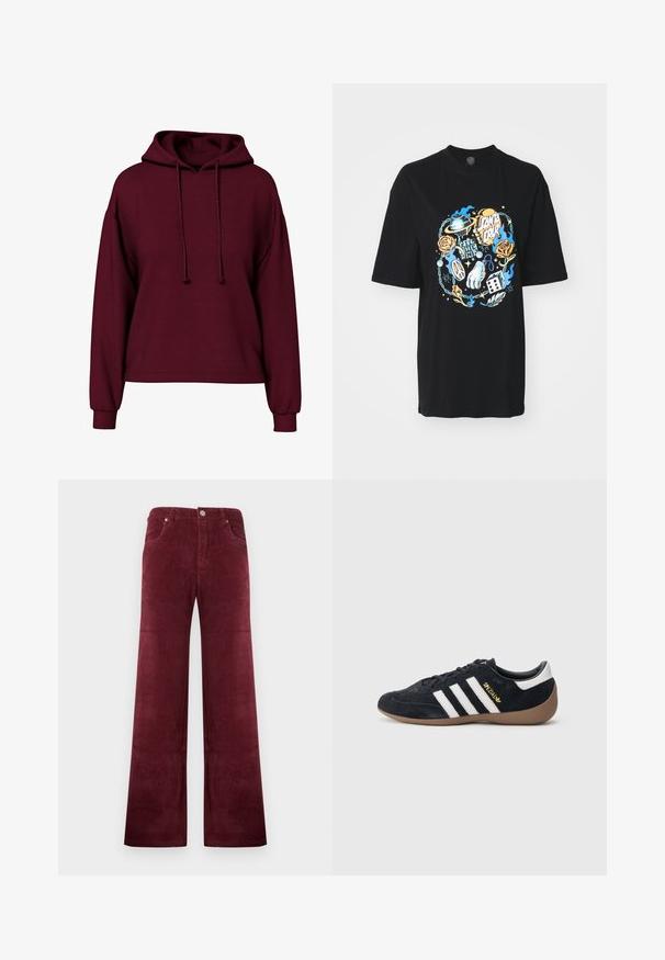 Burgundy pitkähihainen huppari, jossa on etupään nyörit, ribbireunukset ja löysä istuvuus.; Musta T-paita, jossa on värikäs grafiikkasuunnittelu, jossa on planeetta, ruusuja, rauhanmerkki ja nopat keskellä. Valmistettu puuvillasta, rento malli.; Viininpunaiset leveälahkeiset corduroy-housut, joissa on korkeavyötärö, edessä nappi- ja vetoketjusuljenta sekä etutaskut.; Musta mokkanahkainen tennari, jossa on kolme valkoista raitaa, kumipohja ja pieni kultainen logo sivulla. Siinä on sileä musta sisävuori.