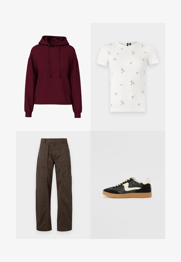 Bordový dlhý rukáv hoodie s prednými šnúrkami, rebrovanými manžetami a voľným strihom.; Biele bavlnené tričko s krátkymi rukávmi, s žíhanou textúrou a roztrúsenou kvetinovou výšivkou v ružovej a zelenej farbe po celom tričku.; Hnedé cargo nohavice vyrobené z odolného materiálu, s množstvom vreciek, vo voľnom strihu a s výrazným prešívaním pre väčšiu trvácnosť.; Čierne semišové a kožené tenisky s krémovým bočným prešívaním a svetlo krémovou pätou. Obsahujú béžové šnúrky a podošvu z gumeného kaučuku.
