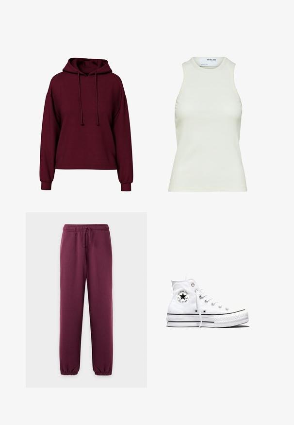 Burgundy pitkähihainen huppari, jossa on etupään nyörit, ribbireunukset ja löysä istuvuus.; Valkoinen hihaton ribbipaita pyöreällä pääntiellä Selected Femme -merkillä, etunäkymä ilman kuvioita tai koristuksia.; Tummanvioletit collegehousut, joissa on joustava vyötärönauha ja kiristysnauha, kapenevat lahkeet ja joustavat hihansuut nilkoissa.; Valkoinen korkeavartinen Converse Chuck Taylor All Star -tennarikenkä, jossa on musta logoplässi ja valkoiset nauhat, esillä valkoisella taustalla.