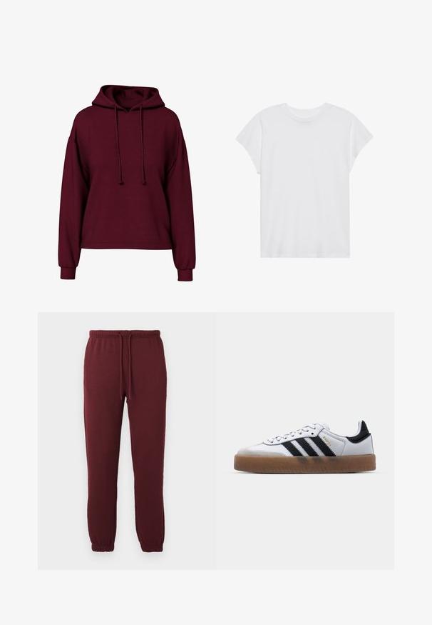 Bordový dlhý rukáv hoodie s prednými šnúrkami, rebrovanými manžetami a voľným strihom.; Biela krátka rukávová tričko s okrúhlym výstrihom, voľný strih, vyrobené z jemnej bavlnenej látky. Hladká textúra, bez vzorov alebo log.; Burgundské jogger nohavice s elastickým pásom, sťahovacou šnúrkou, bočnými vreckami a elastickými manžetami na jednoduchom bielom pozadí.; Biele kožené tenisky s čiernymi pruhmi, gumová podrážka, okrúhla špička, šnurovanie a mäkký sivý semišový špička.