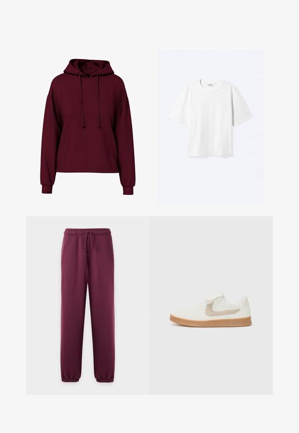 Burgunderfarbene Langarm-Hoodie mit vorderen Kordeln, gerippten Bündchen und lockerer Passform.; Weißes T-Shirt mit kurzen Ärmeln und Rundhalsausschnitt mit geradem Saum, innen mit gebrandetem "WEEKDAY"-Label am Kragen.; Dunkellila Jogginghose mit elastischem Bund und Kordelzug, verjüngten Beinen und elastischen Bündchen an den Knöcheln.; Weißer Sportschuh mit strukturiertem Obermaterial, Akzenten aus beige Wildleder und Gummisohle. Verfügt über eine Schnürung und gepolsterten Kragen.