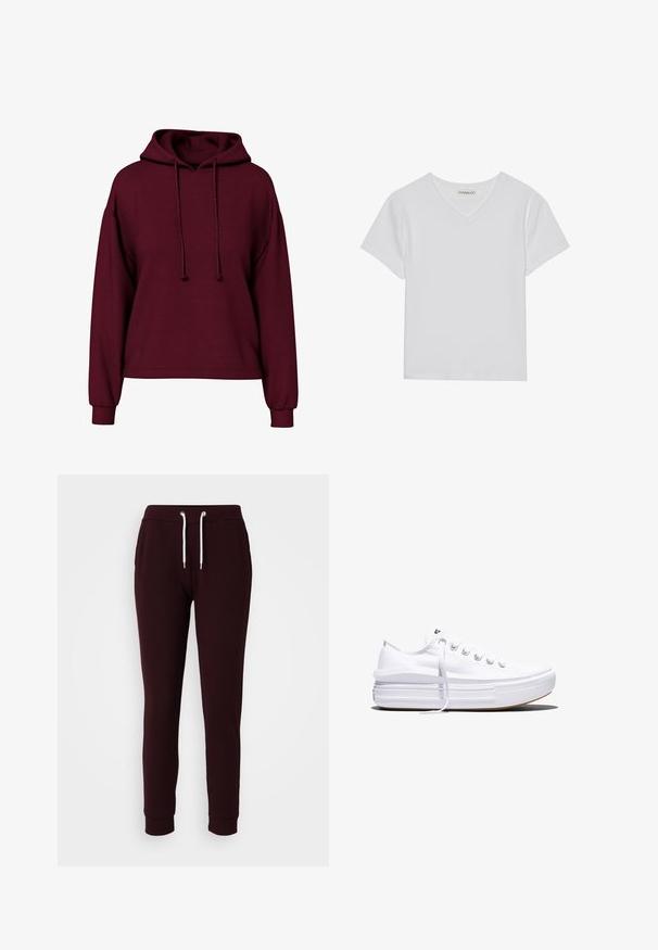 Bordeaux lange mouwen hoodie met voorste trekkoorden, geribde manchetten en een losse pasvorm.; Witte T-shirt met korte mouwen en V-hals, gemaakt van ribbelstof. Heeft een strakke ontwerp met een rechte zoom en minimale details.; Bordeaux sweatpants van een katoenmix, met een elastische tailleband met trekkoord, twee zijzakken en smalle boorden.; Witte lage canvas sneaker met dikke plateauzool, veters aan de voorkant en rubberen toeskap met structuur, zijaanzicht.