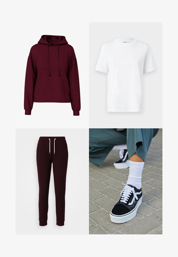 Burgunderfarbene Langarm-Hoodie mit vorderen Kordeln, gerippten Bündchen und lockerer Passform.; Weißes Baumwoll-T-Shirt mit Rundhalsausschnitt, kurzärmlig und mit glatter Textur. Entworfen mit einer lockeren Passform für Komfort und Vielseitigkeit.; Burgunderfarbene Sweatpants aus Baumwollmischung, mit einem elastischen Bund und Kordelzug, zwei Seitentaschen und schmal zulaufenden Bündchen.; Schwarze Wildledersneaker mit weißen Akzenten und Schnürsenkeln, ausgestattet mit einer dicken weißen Sohle und kontrastierenden Nähten, kombiniert mit einer weißen Socke.