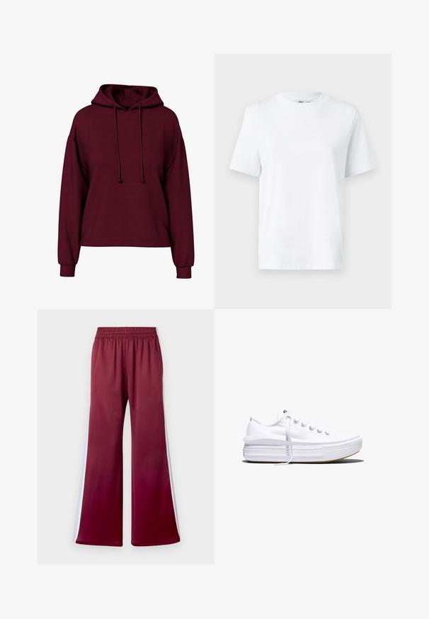 Bordeaux lange mouwen hoodie met voorste trekkoorden, geribde manchetten en een losse pasvorm.; Witte katoenen T-shirt met ronde hals, korte mouwen en een gladde textuur. Ontworpen met een comfortabele en veelzijdige relaxte pasvorm.; Bordeauxrode relaxed-fit broek met een elastische tailleband, voorzien van witte zijstrepen en een gladde stoftextuur. Wijd beenontwerp.; Witte lage canvas sneaker met dikke plateauzool, veters aan de voorkant en rubberen toeskap met structuur, zijaanzicht.
