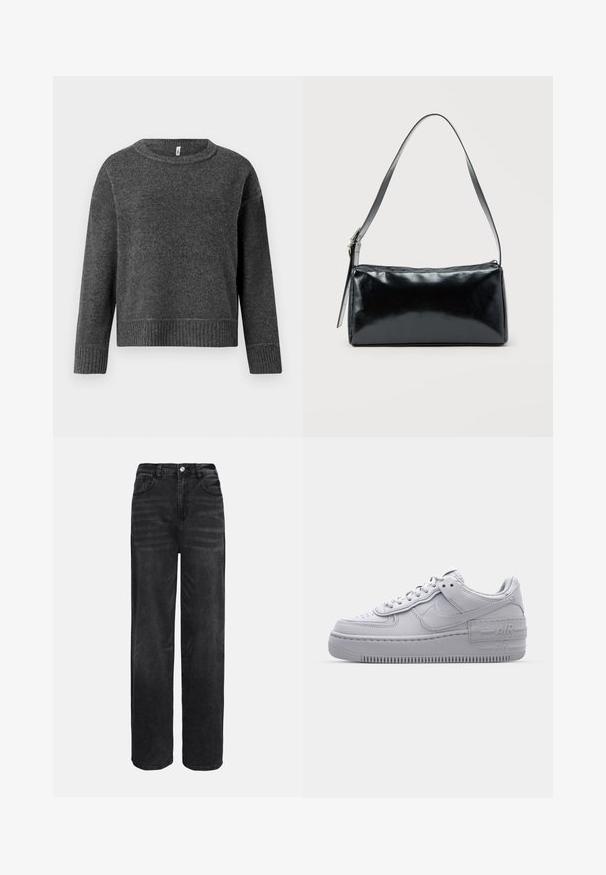 Pull en tricot gris foncé avec un col rond et des manches longues. Présente des poignets et un ourlet côtelés, fabriqué à partir d'un tissu doux et texturé.; Jean large en denim noir à taille haute, avec cinq poches et fermeture à bouton à l'avant. Texture lisse avec un léger effet délavé.; Basket en cuir lisse gris Nike Air Force 1 avec un bout perforé, une semelle épaisse et un détail 'AIR' en relief sur le talon.; Sac d'épaule rectangulaire noir avec une sangle réglable unique et une fermeture éclair supérieure sur un fond uni.