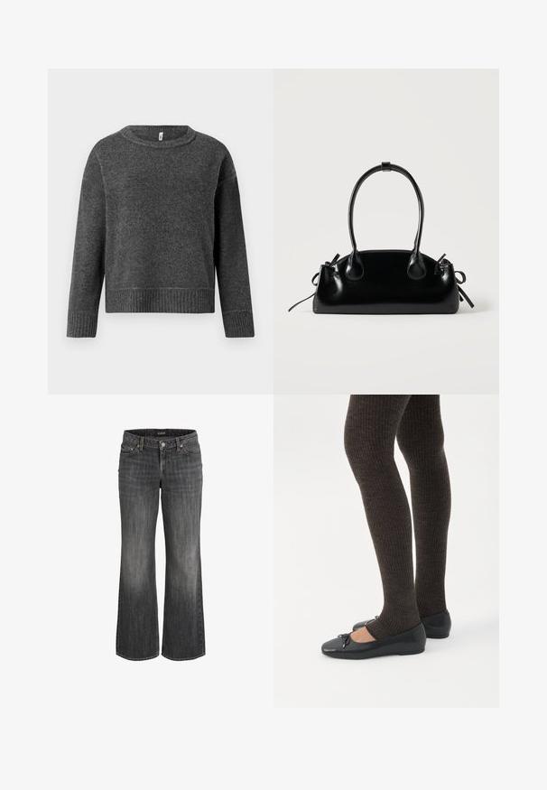 Pull en tricot gris foncé avec un col rond et des manches longues. Présente des poignets et un ourlet côtelés, fabriqué à partir d'un tissu doux et texturé.; Jeans en denim noir délavé à coupe droite, avec bouton frontal, passants pour ceinture, et design à cinq poches.; Jambes portant des leggings côtelés foncés associés à des ballerines noires avec de petits détails en nœud sur fond blanc.; Petit sac à main noir brillant avec deux longues anses et des détails à cordon sur les côtés sur un fond clair uni.