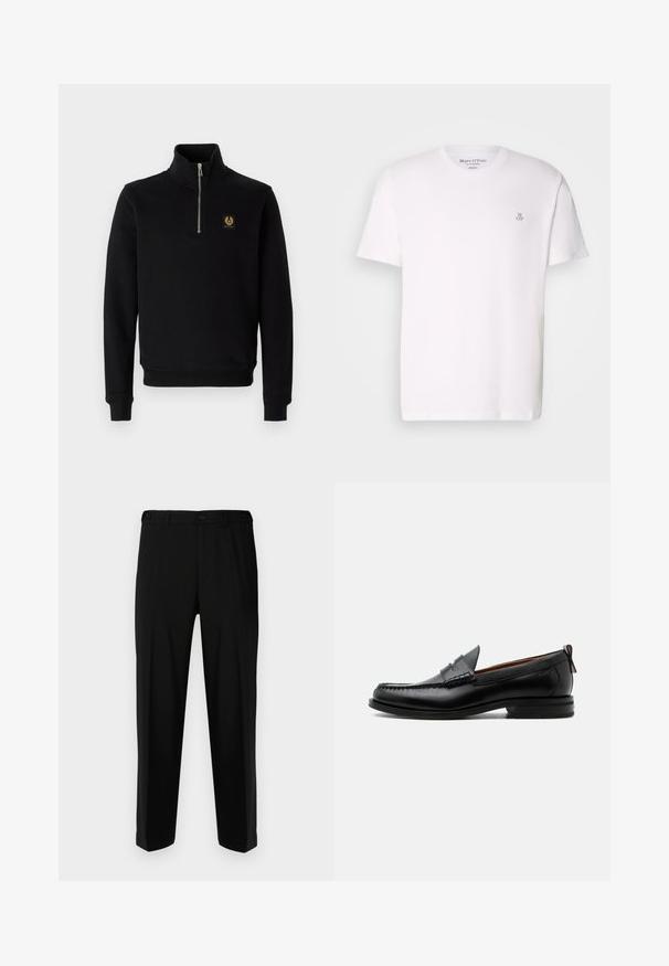 Sort, lynlåset sweatshirt lavet af en bomuldsblanding, med høj krave, ribbede manchetter og et guld logo-patch på brystet.; Hvid kortærmet t-shirt lavet af bomuld med rund halsudskæring og et lille gråt logo på brystet. Glat tekstur, klassisk pasform.; Sorte bukser lavet af glat stof, med lige snit, to forlommer og lynlås med knaplukning.; Sort læder herre loafer med moc-tå syning, penny strop, struktureret krave og lav stablet hæl på hvid baggrund.