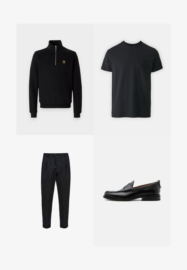 Schwarzer Reißverschluss-Hoodie aus Baumwollmischung, mit hohem Kragen, gerippten Bündchen und einem goldenen Logo-Patch auf der Brust.; Schwarzes Baumwoll-T-Shirt mit kurzen Ärmeln, Rundhalsausschnitt und lässiger Passform. Glatte Textur und gerader Saum, keine sichtbaren Grafiken oder Muster.; Schwarze Hose aus einem glatten Stoff, mit einem gefalteten Vorderteil, schmalem Schnitt und umgeschlagenen Säumen. Einfache Knopfverschluss an der Taille.; Schwarzer Leder-Herrenschuh mit Mokassinnaht, Penny-Riemen, strukturiertem Kragen und niedrigem gestapeltem Absatz auf weißem Hintergrund.