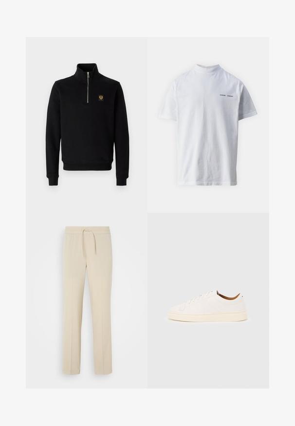 Schwarzer Reißverschluss-Hoodie aus Baumwollmischung, mit hohem Kragen, gerippten Bündchen und einem goldenen Logo-Patch auf der Brust.; Weißes Baumwoll-T-Shirt mit hohem Ausschnitt und kurzen Ärmeln. Mit schwarzem "SAMSØE SAMSØE" Logo auf der Vorderseite. Glatte Textur.; Beige, elastische Hosen mit einem Kordelzug. Sie haben gerade Beine und eine glatte Textur, geeignet für Freizeit oder Entspannung.; Weißer Sneaker mit niedrigem Schaft und Schnürdesign, minimalen Nähten und einer cremefarbenen Sohle auf hellgrauem Hintergrund.