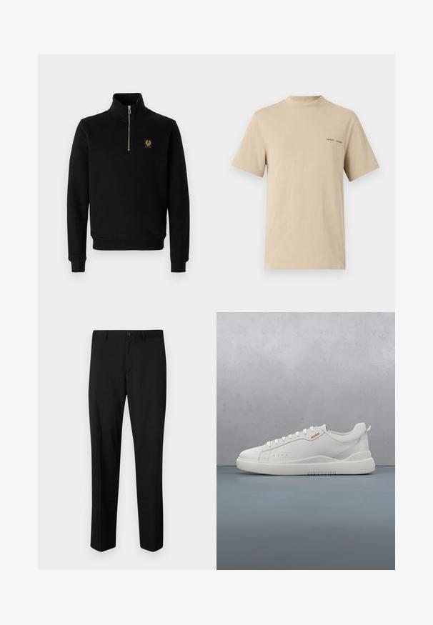 Schwarzer Reißverschluss-Hoodie aus Baumwollmischung, mit hohem Kragen, gerippten Bündchen und einem goldenen Logo-Patch auf der Brust.; Beige Baumwoll-T-Shirt mit rundem Ausschnitt und kurzen Ärmeln. Mit dezentem schwarzen "SAMSOE"-Textlogo auf der Brust.; Schwarze maßgeschneiderte Hose mit flachem Frontschnitt, normaler Taille und geraden Beinen. Hergestellt aus glattem Material, mit einem einzelnen Knopfverschluss.; Weiße Sneaker aus glattem Leder, runde Spitze, vier Ösen, dezente Perforationen und ein rotes Logodetail an der Seite.