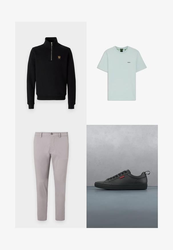 Schwarzer Reißverschluss-Hoodie aus Baumwollmischung, mit hohem Kragen, gerippten Bündchen und einem goldenen Logo-Patch auf der Brust.; Hellblaues T-Shirt mit kurzen Ärmeln und Rundhalsausschnitt, mit dem "BOSS"-Logo in Schwarz auf der linken Brust bedruckt.; Graue Baumwollchinos mit einer glatten Textur, schmaler Passform, vorderem Knopfverschluss und Seitentaschen. Knöchellanges Design mit minimaler Detailgestaltung.; Schwarze Low-Top-Sneaker aus glattem Material, mit runder Zehenpartie, Schnürsenkeln, einer strukturierten Sohle und einem kleinen roten Logo.