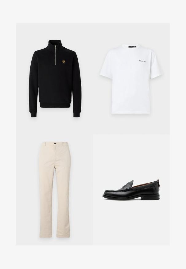 Musta, vetoketjullinen collegepaita, joka on valmistettu puuvillasekoitteesta. siinä on korkea kaulus, resorit hihansuissa ja kultainen logopatchi rinnassa.; Valkoinen crewneck-lyhythihainen t-paita, jossa on pieni musta "BELSTAFF"-logoteksti vasemmassa rinnassa.; Vaaleanbeiget puuvillahousut suoralla lahkeella, jossa on etupainike, vetoketju ja vähäiset ompeluyksityiskohdat.; Miesten musta nahka loafer mokkakengännissäpäällysteisesti, pennihihnalla, teksturoidulla kauluksella ja matalalla pinotulla korolla valkoisella taustalla.