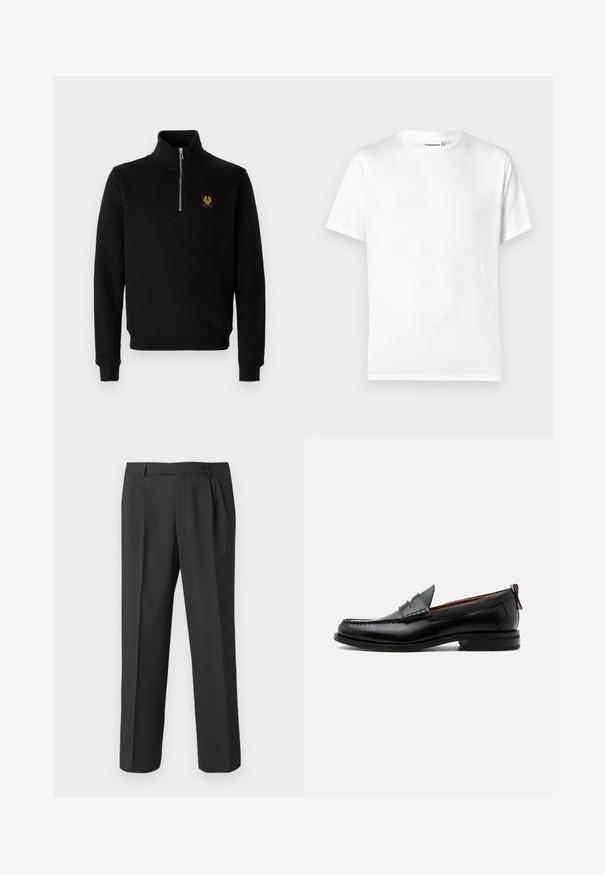 Sort, lynlåset sweatshirt lavet af en bomuldsblanding, med høj krave, ribbede manchetter og et guld logo-patch på brystet.; Hvid bomulds t-shirt med klassisk rund halsudskæring, korte ærmer og lige kant. Glat tekstur, uden mønstre eller accenter.; Sorte bukser lavet af glat stof med et lige ben-design, plisseret forside og standard linning med bæltestropper.; Sort læder herre loafer med moc-tå syning, penny strop, struktureret krave og lav stablet hæl på hvid baggrund.