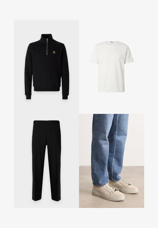 Schwarzer Reißverschluss-Hoodie aus Baumwollmischung, mit hohem Kragen, gerippten Bündchen und einem goldenen Logo-Patch auf der Brust.; Schlichtes weißes T-Shirt mit kurzen Ärmeln und rundem Halsausschnitt, auf weißem Hintergrund präsentiert, mit dem Markenlabel Drykorn im inneren Kragen.; Schwarze Hosen aus glattem Stoff, mit geradem Schnitt, zwei vorderen Taschen und einem Reißverschluss mit Knopfverschluss.; BOSS GARYTENN_SDHDEL - Sneaker low - natural ten