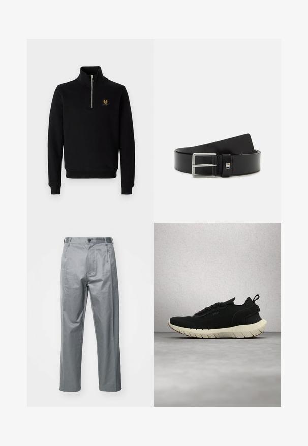 Schwarzer Reißverschluss-Hoodie aus Baumwollmischung, mit hohem Kragen, gerippten Bündchen und einem goldenen Logo-Patch auf der Brust.; Graue Baumwollmischung-Hosen mit geradem Bein, ausgestattet mit einem vorderen Knopfverschluss, Gürtelschlaufen und seitlichen Taschen.; Schwarzer Mesh-Sneaker mit cremefarbener, dicker profilierter Sohle, der über einem grauen Boden in einem Raum mit Glasbausteinfenstern schwebt.; Schwarzer Leder-Gürtel mit glatter Textur, ausgestattet mit einer silbernen Metallschnalle und einem rechteckigen Akzent in der Nähe der Schnalle.