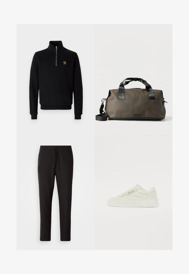 Schwarzer Reißverschluss-Hoodie aus Baumwollmischung, mit hohem Kragen, gerippten Bündchen und einem goldenen Logo-Patch auf der Brust.; Schwarze Jogginghose aus glattem Stoff. Mit einem elastischen Bund und Kordelzug, schmal zulaufenden Beinen und ohne sichtbare Taschen. Einfaches Design.; Sneaker mit einem Obermaterial aus cremefarbenem Wildleder, strukturierten Akzenten und einer weißen Gummisohle. Verfügt über eine runde Zehenpartie und flache Schnürsenkel. Markenlabel ist an der Seite sichtbar.; Dunkelolivgrüne Seesacktasche mit schwarzen Ledergriffen und abnehmbarem Schulterriemen vor weißem Hintergrund.
