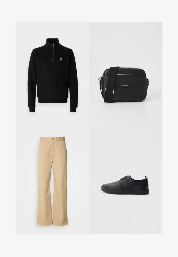 Schwarzer Reißverschluss-Hoodie aus Baumwollmischung, mit hohem Kragen, gerippten Bündchen und einem goldenen Logo-Patch auf der Brust.; Beige, weit geschnittene Hosen aus einer Baumwollmischung. Mit einem Knopfverschluss und Gürtelschlaufen. Glatte Textur mit minimalen Nähten.; Schwarze Leder-Sneaker mit glatter Oberfläche, abgerundeter Zehenpartie, gleichfarbiger Nähte, schnürbarem Vorderteil und flacher Gummisohle. Schlaufe an der Ferse.; Schwarze Umhängetasche aus strukturiertem synthetischem Material, mit silbernem Beschlag, verstellbarem Gurt, ausgestattet mit einem Logo-Schild auf der Vorderseite und einem Reißverschluss.