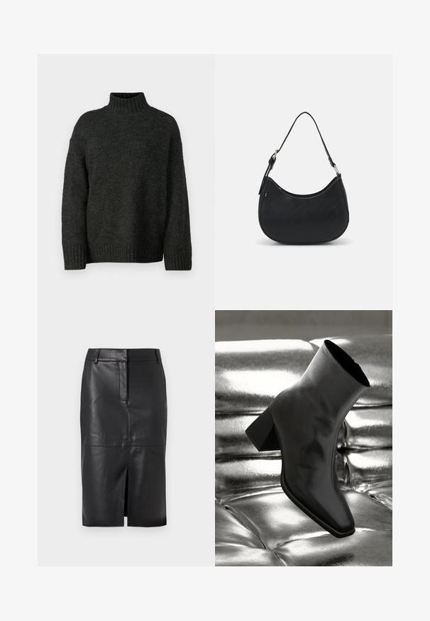 Vero Moda Tall VMMADDIE HIGHNECK PULL - Striktrøje - dark grey melange; Sort læder blyantskørter med en forslidser, der har en glat tekstur, to sidelommer og en tætsiddende silhuet.; Sorte ankelstøvler lavet af glossy materiale med firkantet tå og spidse hæle, sat mod en skinnende sølv tuftet baggrund.; Sort hobo taske lavet af glat læder med en buet silhuet, der har en enkelt justerbar skulderrem og minimalistiske designdetaljer.