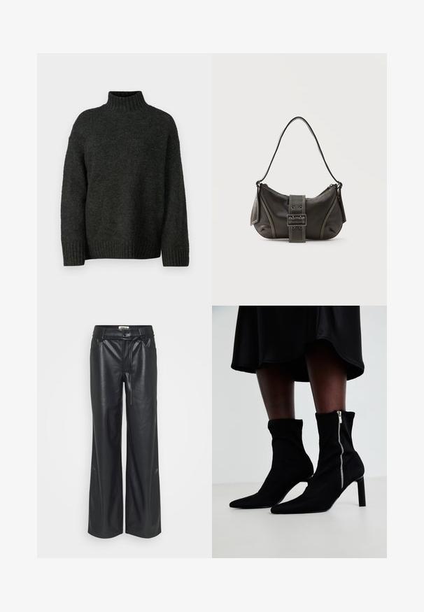 Vero Moda Tall VMMADDIE HIGHNECK PULL - Jersey de punto - dark grey melange; Pantalones de imitación de cuero negros de pierna ancha con una cintura alta, que presentan un detalle de lazo en la cintura y bolsillos a ambos lados. Textura suave.; Botas negras hasta el tobillo con un cuerpo de tela elástica, punta afilada y cierre lateral de cremallera, sobre un tacón fino y alto.; Bolso de hombro de cuero negro con detalle de correa con hebilla, bordes curvos y costuras blancas en contraste sobre un fondo liso.
