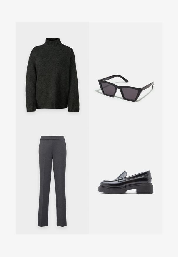 Vero Moda Tall VMMADDIE HIGHNECK PULL - Jersey de punto - dark grey melange; Pantalones grises con un diseño de pierna recta, textura suave y una cinturilla ancha. Incluye bolsillos laterales para mayor practicidad.; Mocasines de cuero negro con puntera redondeada, que presentan una suela de plataforma elevada y una simple correa decorativa en el empeine. Acabado suave.; Gafas de sol negras y angulares con lentes grises; fabricadas en plástico, con varillas gruesas de superficie suave y sin herrajes visibles.