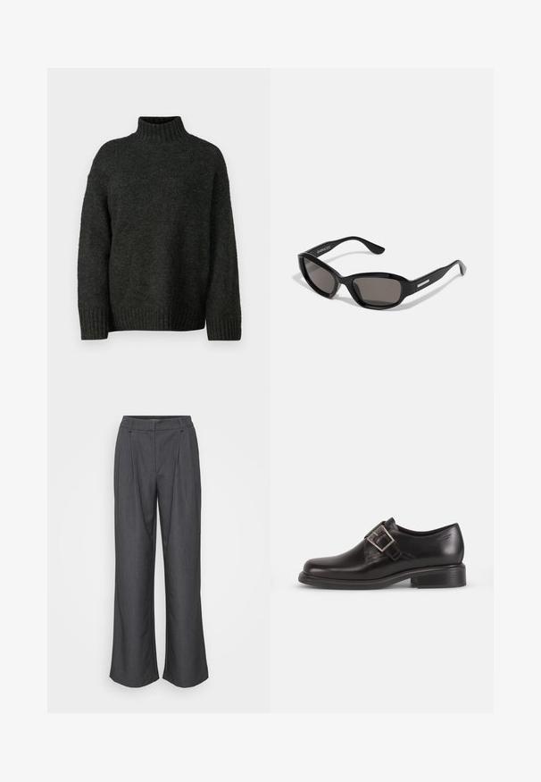 Vero Moda Tall VMMADDIE HIGHNECK PULL - Striktrøje - dark grey melange; Bredde bukser i mørkegrå stof med en struktureret overflade, frontfolder og sidelommer med en skræddersyet talje.; Sorte læder herresko med rund tå, detaljer med sidelukning, og en struktureret sål, sat mod en simpel hvid baggrund.; Sorte solbriller med rektangulært stel, mørke linser, glat plastmateriale og en metalaccent på templet.
