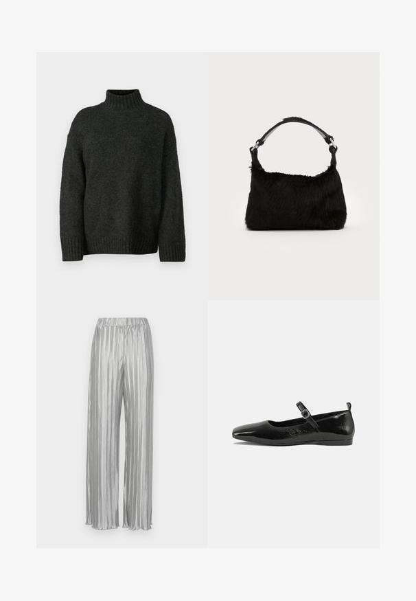 Vero Moda Tall VMMADDIE HIGHNECK PULL - Striktrøje - dark grey melange; Sølvpleated bukser med elastisk talje, brede ben og en glat metallisk tekstur. Lodrette striber forbedrer den visuelle appel.; Sorte patentlæder flade sko med spidse tæer, en ankelrem med spænde og en glat, blank tekstur. Lav hæl for komfort.; Sort faux fur håndtaske med en blød tekstur, rund form og en robust skulderrem i sort læder. Synlige sølvhardware-detaljer.