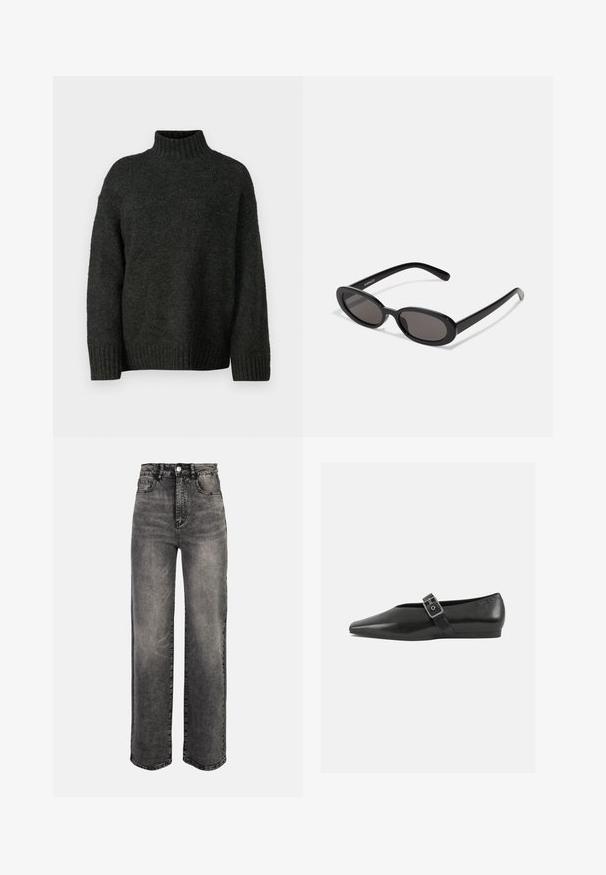 Vero Moda Tall VMMADDIE HIGHNECK PULL - Striktrøje - dark grey melange; Sort, højhalset denimjeans med brede ben, bleget finish, forlommer, bæltestropper og en enkelt metalknaplukning.; Sorte læder flade sko med spidse tæer, prydet med en metallisk spænde over vristen og en lav, fleksibel sål.; Even&Odd by Zalando Solbriller - black