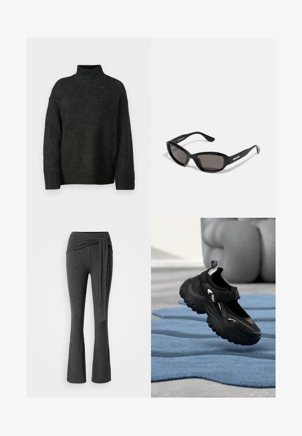 Vero Moda Tall VMMADDIE HIGHNECK PULL - Svetrík - dark grey melange; Šedé rozšírené nohavice z mäkkej tkaniny s širokým, skrúteným pásom a dlhým, splývavým viazaním vpredu.; Čierna robustná teniska s hrubou podrážkou a suchým zipsom na modrom textúrovanom koberci, rozmazané pozadie sediacej osoby.; Čierne slnečné okuliare s obdĺžnikovým rámom, tmavými šošovkami, hladkým plastovým materiálom a kovovým akcentom na ramene.