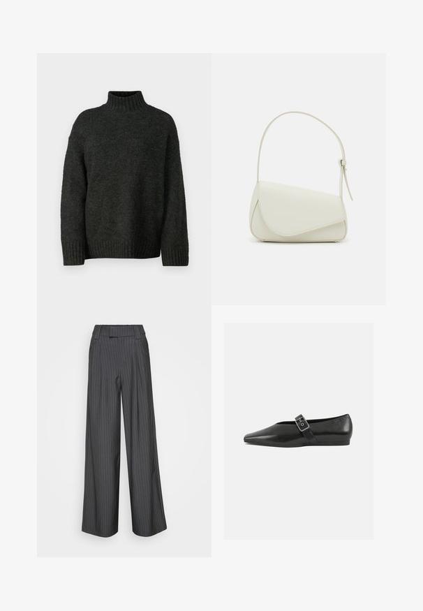Vero Moda Tall VMMADDIE HIGHNECK PULL - Pullover - dark grey melange; Pantalons à pinstripes gris à jambes larges avec devant plat, passants de ceinture et finition en tissu texturé. Présente une coupe ajustée et des lignes nettes.; Chaussure plate en cuir noir avec un orteil pointu, présentant une sangle à boucle métallique sur le cou-de-pied et une semelle basse et flexible.; Sac à main en cuir synthétique blanc avec une forme triangulaire structurée, une bandoulière unique réglable et un rabat à courbes accentuées.