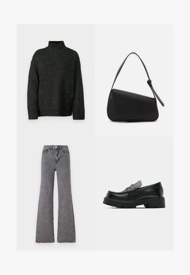 Vero Moda Tall VMMADDIE HIGHNECK PULL - Svetrík - dark grey melange; Široké denimové džíny v sivej farbe s vysokým pásom, prednými vreckami a dekoratívnymi cvokmi pozdĺž bočných švov. Hladká textúra.; Čierne kožené mokasíny s hrubou štruktúrovanou podrážkou, so strapcom cez priehlavok a hladkým, lesklým povrchom.; Čierna kožená kabelka s trojuholníkovým tvarom, šikmým klopou a zaoblenou rukoväťou. Má hladkú textúru a minimalistické dizajnové detaily.