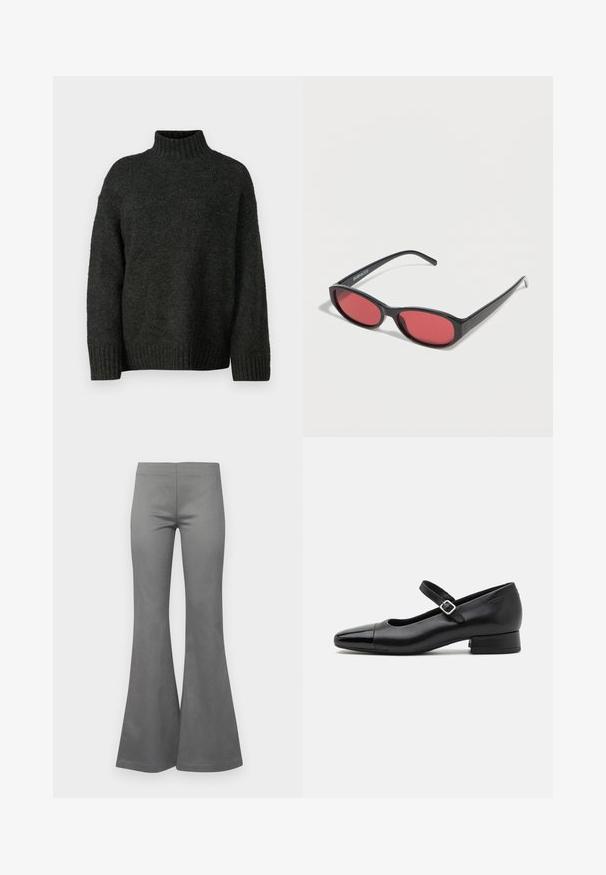 Vero Moda Tall VMMADDIE HIGHNECK PULL - Svetrík - dark grey melange; Sivé rozšírené nohavice s hladkou textúrou látky a priliehavým strihom, ktoré sa rozširujú od kolena až po lem.; Čierne kožené topánky Mary Jane s lakovanou špičkou, nastaviteľným remienkom okolo členku a nízkym blokovým podpätkom. Hladká textúra a elegantný dizajn.; Čierne oválne slnečné okuliare s tenkými ramenami a červenými tónovanými šošovkami ležia na bielom povrchu.
