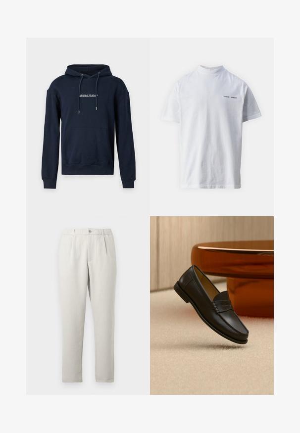 Tumesinine kapuutsviidik, mis on valmistatud puuvilla segust, sisaldab kangaroo-taskut, reguleeritavat kapuutsi ja "GUESS JEANS" valget logo rinnal.; Valge puuvillane t-särk kõrge kaelusega ja lühikeste varrukatega. Esipaneelil must "SAMSØE SAMSØE" logo. Sile tekstuur.; Heledad hele beežid lõdva lõikega püksid kerge läikega, millel on elastne vöökoht, esimesed taskud ja kitsenev säärekuju.; Mustast nahast loafer-tüüpi king ripub beežikal vaibal, taustal on merevaigu värvi moodne mööbel.