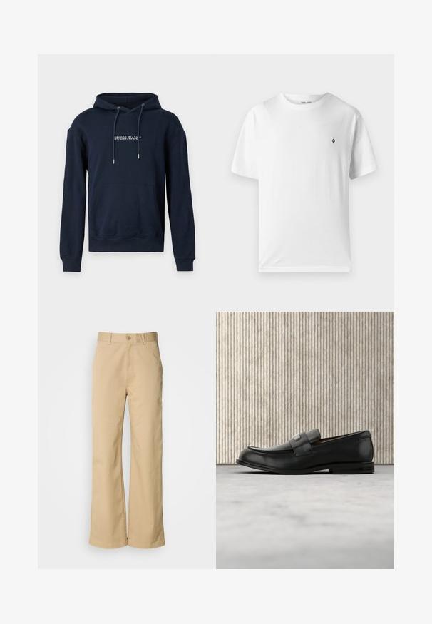 Tumesinine kapuutsviidik, mis on valmistatud puuvilla segust, sisaldab kangaroo-taskut, reguleeritavat kapuutsi ja "GUESS JEANS" valget logo rinnal.; Valge puuvillane T-särk ümmarguse kaelusega, lühikeste varrukatega ja väikese musta logoga rinnal. Pehme tekstuur, casual sobivus.; Bežid, laiused püksid, mis on valmistatud puuvillasegust. Omavad nupuvärvi ja vööaukude. Sujuv tekstuur, kus on minimaalsed õmbluse detailid.; Mustast nahast loafer metallist brändiplaadiga, mis asub pruunist ümarast lauast lähedal beežil vaibaga kaetud põrandal.