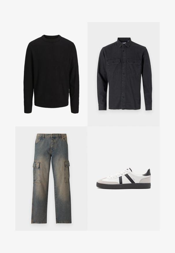Sort langærmet strikket sweater med rund halsudskæring, ribstrikkede manchetter og kant, vist på en ensartet lys grå baggrund.; Langærmet, mørkegrå knap-up skjorte lavet af bomuldsblanding, med to brystlommer og klassisk krave-design.; Denim cargo bukser med en falmet blå farve, løs pasform, to store sidelommer, quiltede sømme og et klassisk taljebånddesign.; Hvide sneakers med sorte og grå detaljer, med en tekstureret grå tåhætte, sort gummisål og flade hvide snørebånd. Rent design, minimalistisk stil.