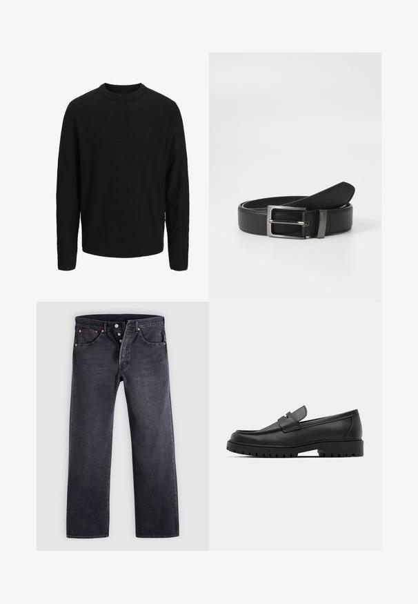 Sort langærmet strikket sweater med rund halsudskæring, ribstrikkede manchetter og kant, vist på en ensartet lys grå baggrund.; Sorte denimjeans med lige snit, fem-lommer design og kobberknapdetaljer. Glat tekstur med let falmet finish.; Sorte læder loafers med rund tå, der har et syet design, lav platformssål og en struktureret, skridsikker gummisål.; Sort læderbælte med en sølvmetal spænde, der har en glat overflade og et klassisk design. Bæltet er pænt foldet.
