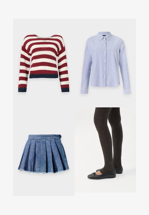 Pull en crochet avec des rayures horizontales rouges et blanches, arborant un design court et un ourlet bleu marine en bas et aux manches.; Chemise à manches longues boutonnée, avec des rayures verticales blanches et bleu clair et un col pointu, présentée sur un fond uni.; Mini-jupe plissée en denim bleu avec une fermeture à bouton et une fermeture éclair sur le côté, comportant un détail d'ourlet effiloché.; Jambes portant des leggings côtelés foncés associés à des ballerines noires avec de petits détails en nœud sur fond blanc.