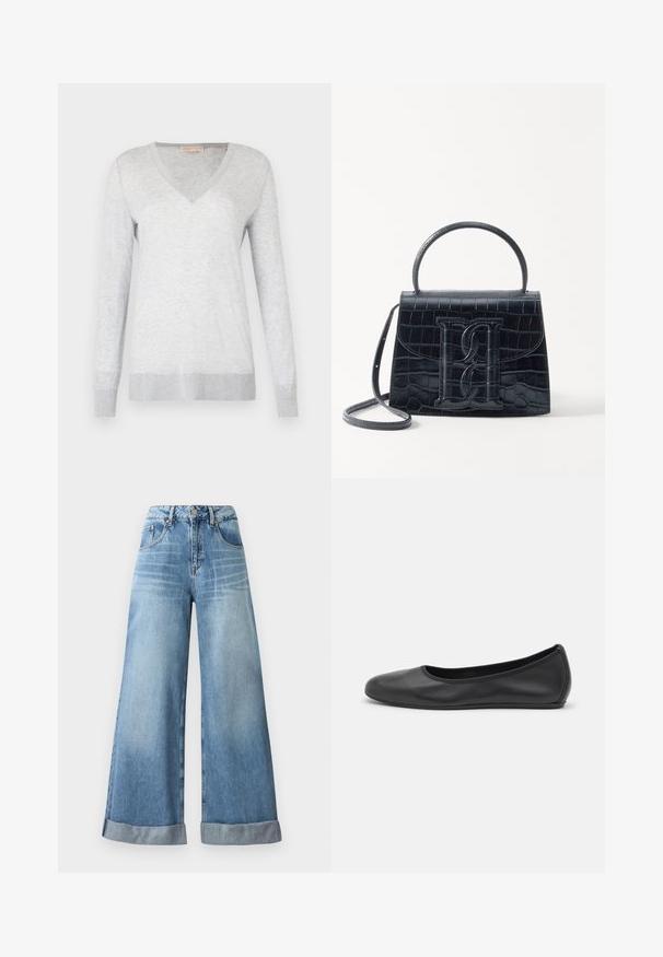 Lys grå langærmet sweater med V-hals, blød tekstur og ribbede ærmer og kant. Diskret meleret mønster i stoffet.; Lysblå vidbenede jeans i denim med høj talje, der har knaplukning, fem lommer og opfoldede manchetter forneden.; Sort læderballetsko med rund tå, glat tekstur, minimal syning og et fleksibelt såldesign.; Sort krokodillede læderhandbag med en struktureret design, top-håndtag, justerbar rem og et fremtrædende frontlogo.