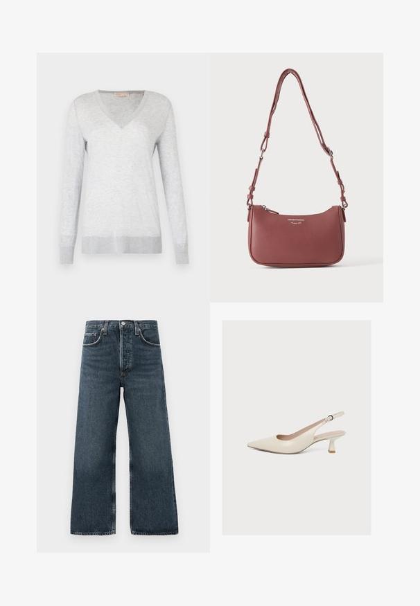 Lys grå langærmet sweater med V-hals, blød tekstur og ribbede ærmer og kant. Diskret meleret mønster i stoffet.; Mørke denim brede ben jeans med knap- og lynlåslukning, udstyret med fem lommer og subtilt slid på stoffet.; Beige læder slingback-pumpe med spids tå, lavt buet hæl og justerbar spænde-rem.; Lille tekstureret violet læderskuldertaske med justerbar rem og sølvlynlås, med Emporio Armani Milano 1981-logo på fronten.