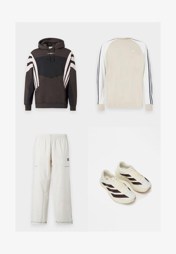 Σκούρο γκρι και μαύρο φούτερ Adidas με λευκές ρίγες στα μανίκια και την μπροστινή τσέπη, με κουκούλα με κορδόνια και λογότυπο στο στήθος.; Μπεζ μακρυμάνικο πουκάμισο με λευκά raglan μανίκια και ναυτικομπλε ρίγες στα πλαϊνά. Διαθέτει μικρό λευκό λογότυπο στο στήθος.; Άσπρο αθλητικό παντελόνι με ελαστική μέση, πλαϊνές τσέπες και μαύρο λογότυπο adidas με διακοσμητικές ραφές. Λείο, ελαφρύ ύφασμα.; Ανοιχτόχρωμα αθλητικά παπούτσια με σκούρες καφέ διαγωνίους ρίγες, υφασμάτινο επάνω μέρος με υφή και μαλακή σόλα. Διαθέτει κίτρινη σήμανση "ADIZERO".