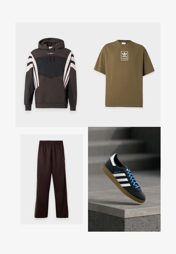 Σκούρο γκρι και μαύρο φούτερ Adidas με λευκές ρίγες στα μανίκια και την μπροστινή τσέπη, με κουκούλα με κορδόνια και λογότυπο στο στήθος.; Πράσινο ελιάς T-shirt Adidas με μικρό λευκό λογότυπο και ετικέτα κειμένου στο κέντρο του στήθους, μπροστά σε απλό ανοιχτό φόντο.; Σκούρο καφέ παντελόνι με ευρύ πόδι, ελαστική μέση και διακριτικές ανοιχτό καφέ λωρίδες στα πλάγια, σε απλό λευκό φόντο.; Μαύρο αθλητικό παπούτσι Adidas με λευκές ρίγες, μπλε κορδόνια και καουτσούκ σόλα να αιωρείται πάνω από γκρίζο τσιμεντένιο σκαλοπάτι σε απαλό φως.