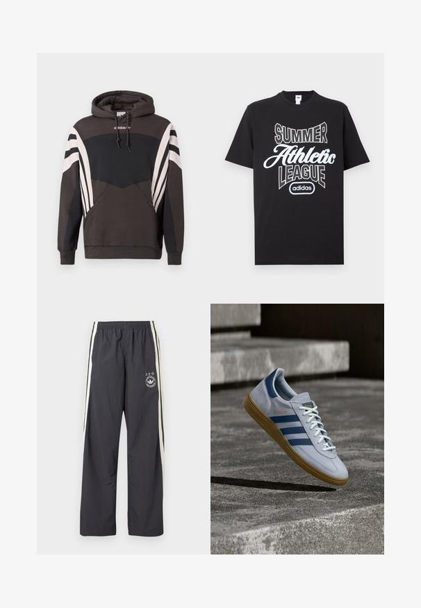 Σκούρο γκρι και μαύρο φούτερ Adidas με λευκές ρίγες στα μανίκια και την μπροστινή τσέπη, με κουκούλα με κορδόνια και λογότυπο στο στήθος.; Μαύρο βαμβακερό μπλουζάκι με λευκό γραφικό κείμενο: «SUMMER ATHLETIC LEAGUE» με το λογότυπο της adidas από κάτω, κοντά μανίκια και λαιμόκοψη τύπου crew.; Σκούρο γκρι παντελόνι φόρμας με λευκές πλευρικές ρίγες, ελαστική μέση και κυκλικό λογότυπο με τρία αστέρια στο αριστερό μηρό. Ελαφρύ ύφασμα.; Φωτεινό γαλάζιο αθλητικό παπούτσι Adidas Spezial με ναυτικό μπλε ρίγες και λαστιχένια σόλα, εμφανιζόμενο στον αέρα πάνω από σκάλες από σκυρόδεμα σε ουδέτερο υπαίθριο περιβάλλον.