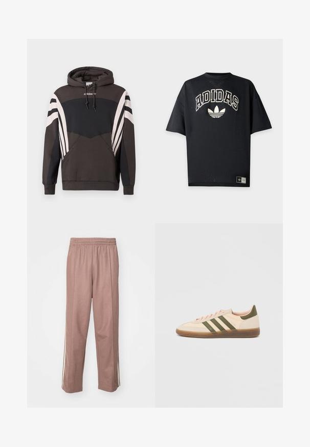 Σκούρο γκρι και μαύρο φούτερ Adidas με λευκές ρίγες στα μανίκια και την μπροστινή τσέπη, με κουκούλα με κορδόνια και λογότυπο στο στήθος.; Μαύρο αθλητικό μπλουζάκι Adidas με κοντά μανίκια από διάτρητο ύφασμα, λευκό κείμενο Adidas και λογότυπο trefoil στο μπροστινό μέρος, καθώς και ετικέτα της μάρκας κοντά στο τελείωμα.; Αθλητικά παντελόνια σε απαλό ροζ χρώμα με ελαστική μέση, πλαϊνές ρίγες και ίσια γραμμή. Φτιαγμένα από μαλακό, ελαστικό υλικό.; Χαμηλού προφίλ μπεζ αθλητικό παπούτσι Adidas Spezial με πράσινες ρίγες, σόλα από καουτσούκ και την επωνυμία "SPEZIAL" στην πλευρά, εμφανίζεται από την εξωτερική πλευρά.