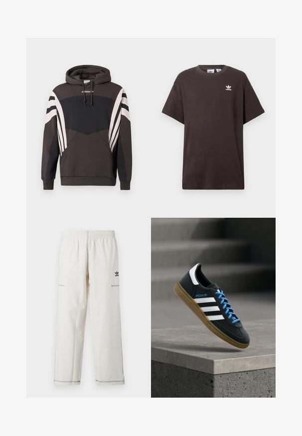 Σκούρο γκρι και μαύρο φούτερ Adidas με λευκές ρίγες στα μανίκια και την μπροστινή τσέπη, με κουκούλα με κορδόνια και λογότυπο στο στήθος.; Σκούρο καφέ βαμβακερό t-shirt με κοντά μανίκια, στρογγυλή λαιμόκοψη και λευκό λογότυπο Adidas στην αριστερή πλευρά του στήθους. Απλός, χαλαρός σχεδιασμός.; Άσπρο αθλητικό παντελόνι με ελαστική μέση, πλαϊνές τσέπες και μαύρο λογότυπο adidas με διακοσμητικές ραφές. Λείο, ελαφρύ ύφασμα.; Μαύρο αθλητικό παπούτσι Adidas με λευκές ρίγες, μπλε κορδόνια και καουτσούκ σόλα να αιωρείται πάνω από γκρίζο τσιμεντένιο σκαλοπάτι σε απαλό φως.